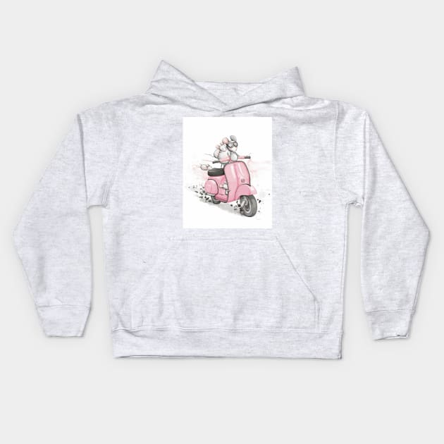 Mice on a classic vintage scooter. White background. Kids Hoodie by Magic Mouse Illustration